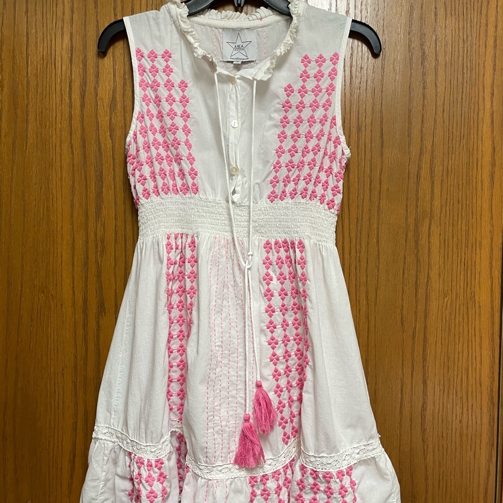 AREA White and Pink EmbroideredSleeveless Dress Size S